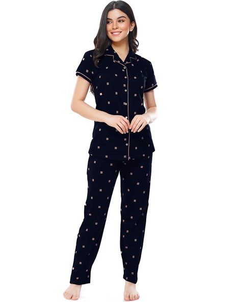 Geometric Print Notch Lapel Shirt with Pyjamas
