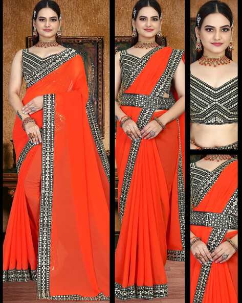PARTY WEAR SEQUENCE WORK SAREE WITH UNSTITCHED BLOUSE ORANGE –  TextileGarment.Store