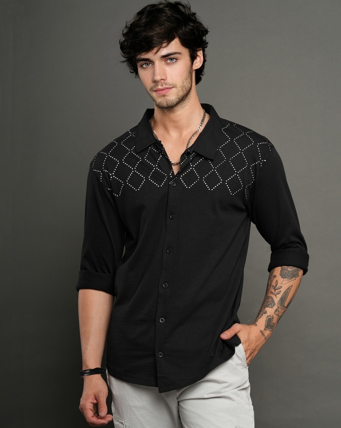LEWEL Men Embellished Slim Fit Shirt For Men (Black, M)