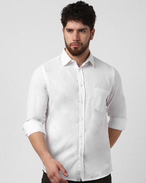 Slim Fit Spread Collar Linen Shirt - White