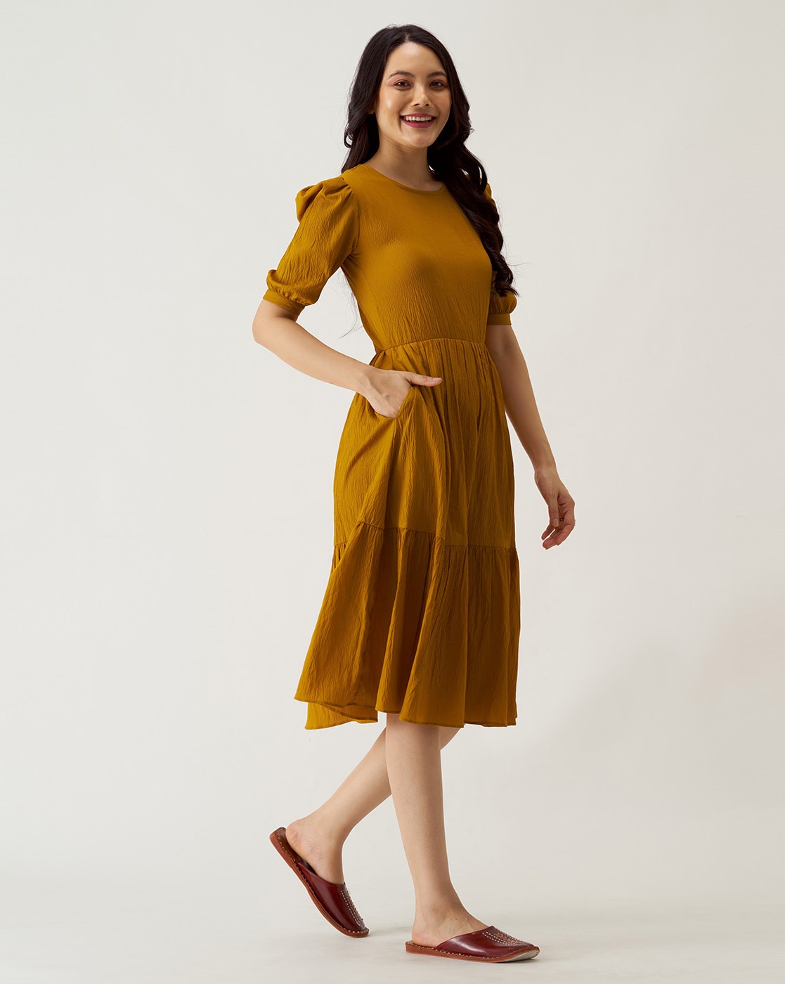 Purchase Online Mustard Yellow Coloured Printed Shift Dress Sleeveless  Dresses SFT11 – Lady India