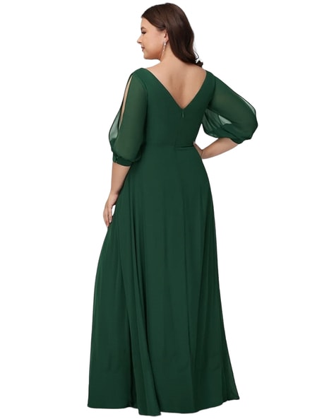 BEEYASO Clearance Dresses for Women V-Neck Long Fashion Evening Gown Solid  Long Sleeve Dress Green 2XL 