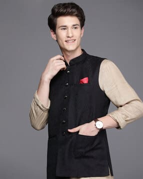 manyavar Paisley Print Nehru Jacket with Welt Pockets-picture-32