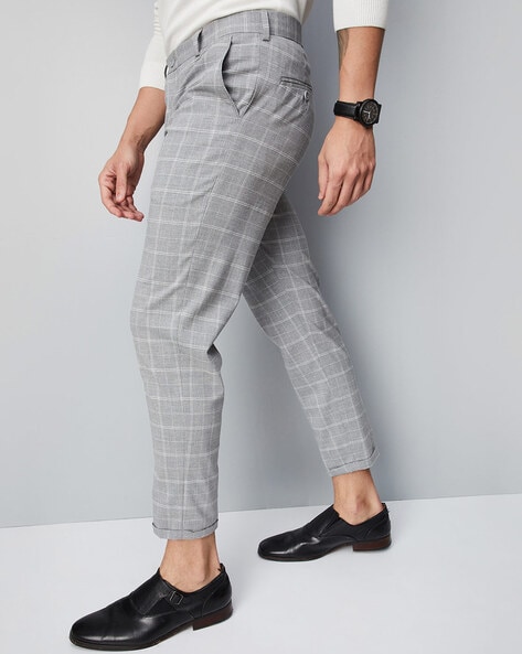 Buy AND Grey Womens Straight Fit 2 Pocket Check Pants | Shoppers Stop