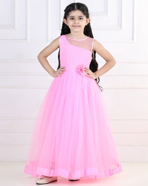 Pink Floral Print Bow Brooch Flower Girl Dress - Pink Princess