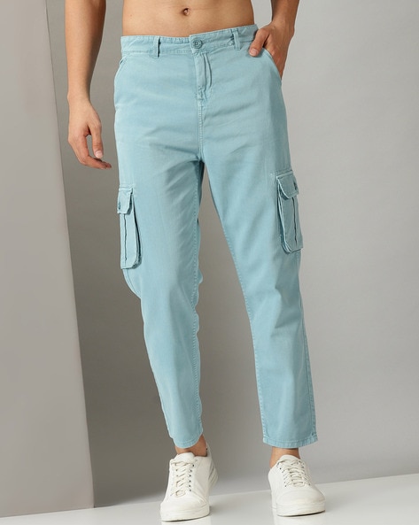 Stylish Denim Girls Two Side Flap Pocket Cargo Pants-Light Blue.