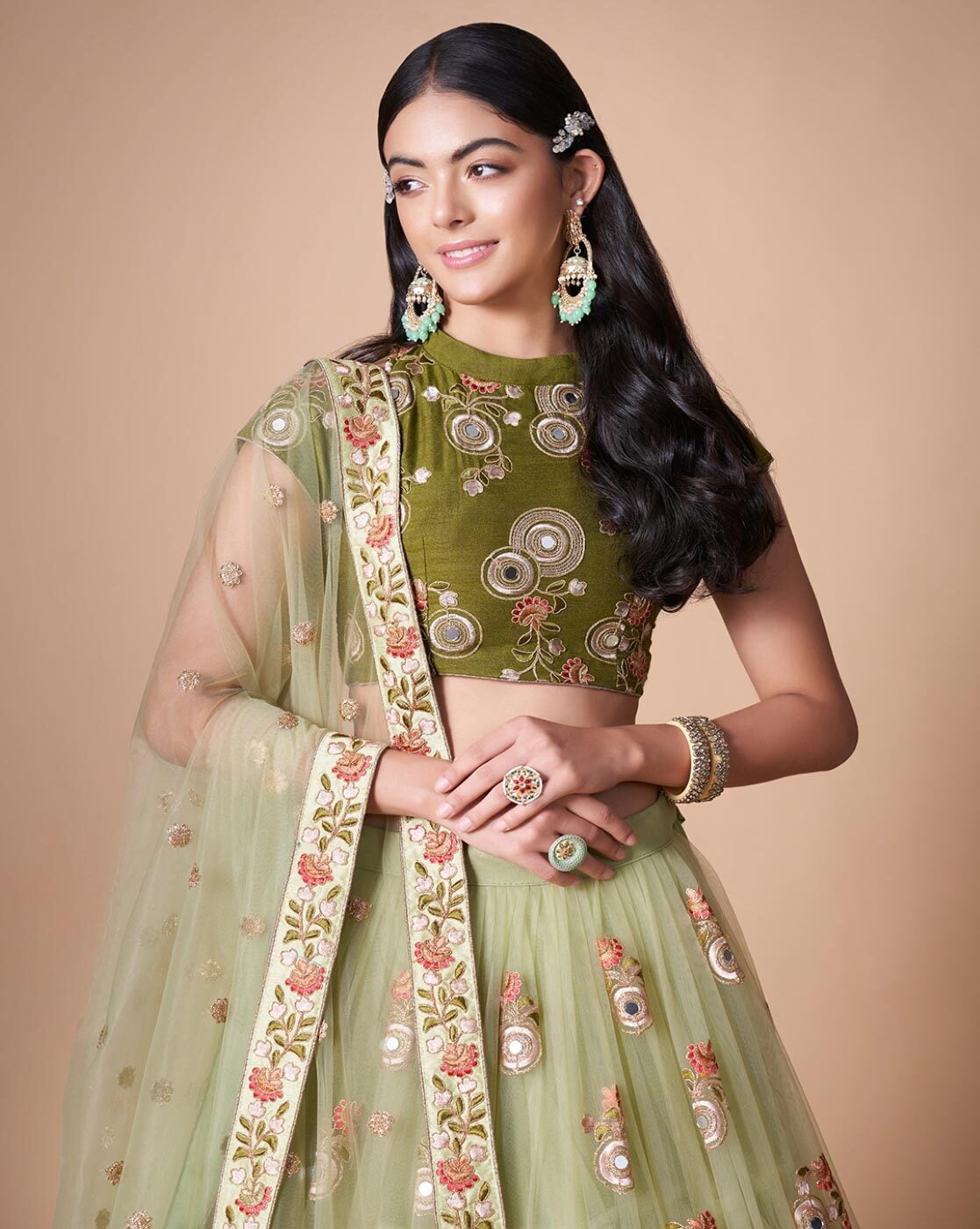 Buy Pleasing Sea Green Mirror Work Rajwadi Silk Wedding Lehenga Choli -  Zeel Clothing