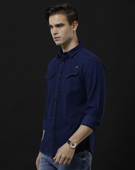 Temple Of Denim Men Solid Casual Blue Shirt