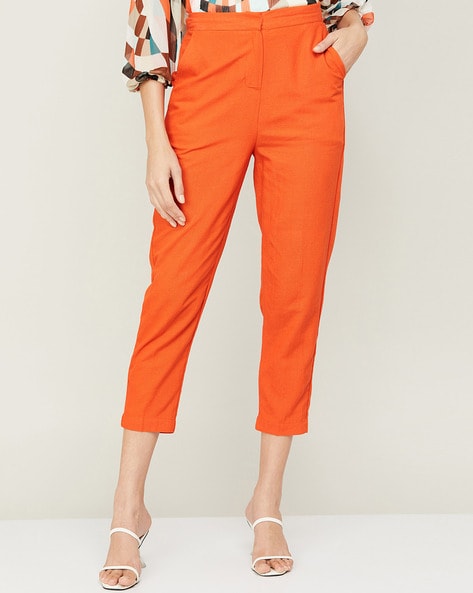 Mrat Womens Pants Plus Size Full Length Pants Fashion Ladies Casual Pocket  Bound Feet Zipper Printed Trousers Work Pants for Female Orange XXL 