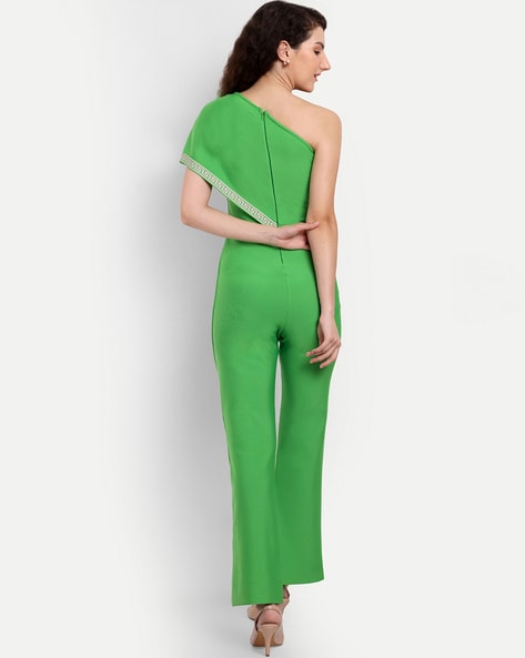Emerald Green One Shoulder Back Flare Rib Jumpsuit | PrettyLittleThing
