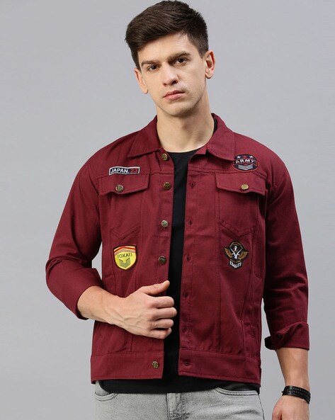 Maroon denim hot sale jacket men