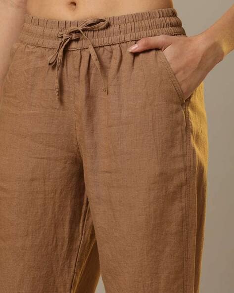 Buy Brown Linen Drawstring Trousers Online | FableStreet