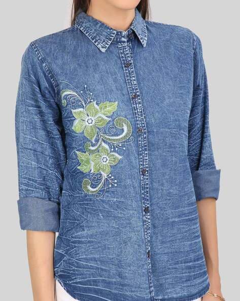 Quacker Factory Floral Embroidered Button Front Denim Shirt - QVC.com