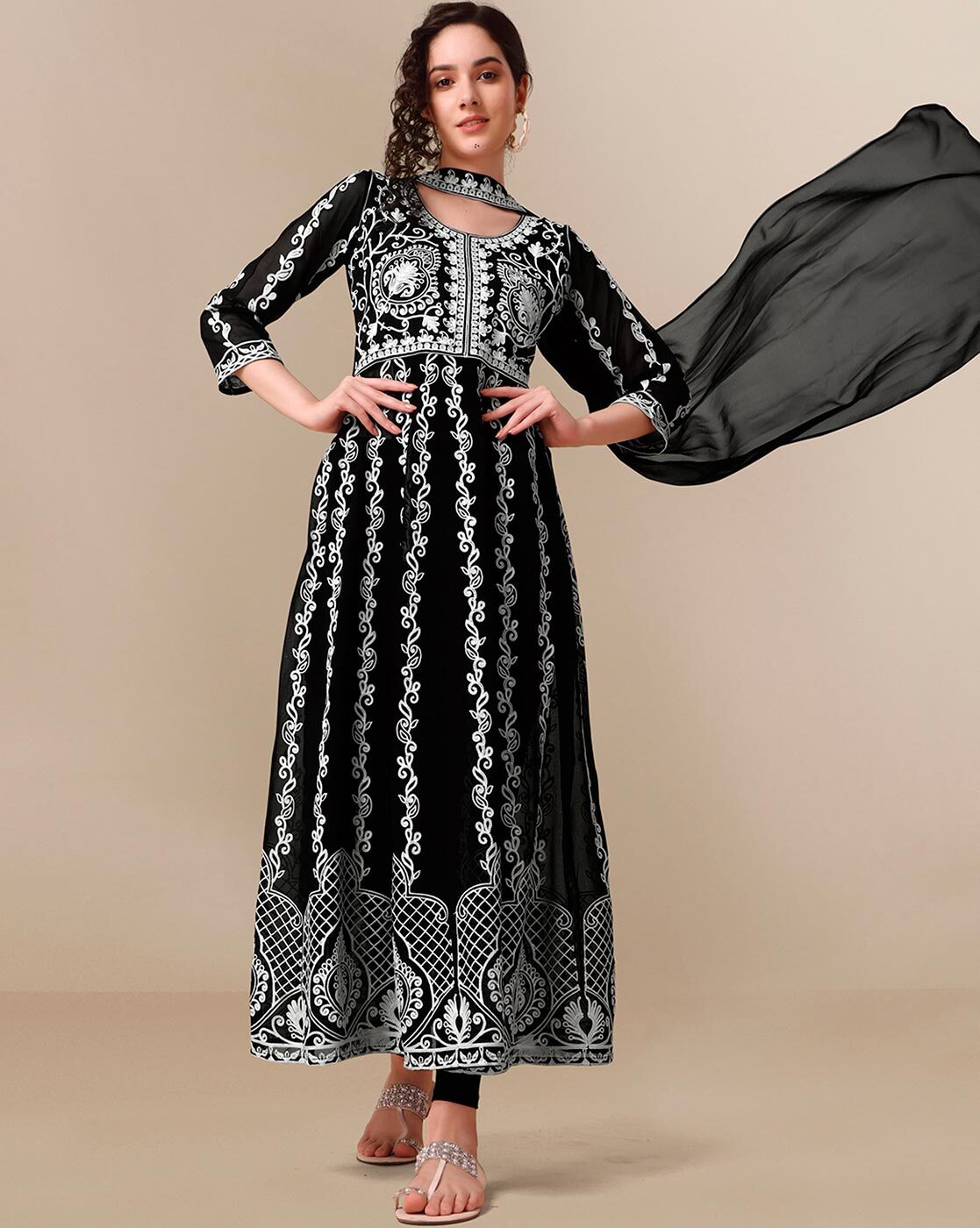 Black Chikankari Anarkali in Muslin Fabric for Women - Etsy