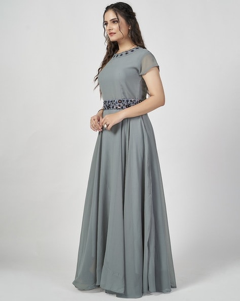 Festive, Reception, Wedding Black and Grey color Silk fabric Gown : 1607969