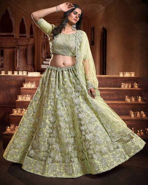 Buy Butterfly Net light pista green Ruffel Lehenga choli - fealdeal