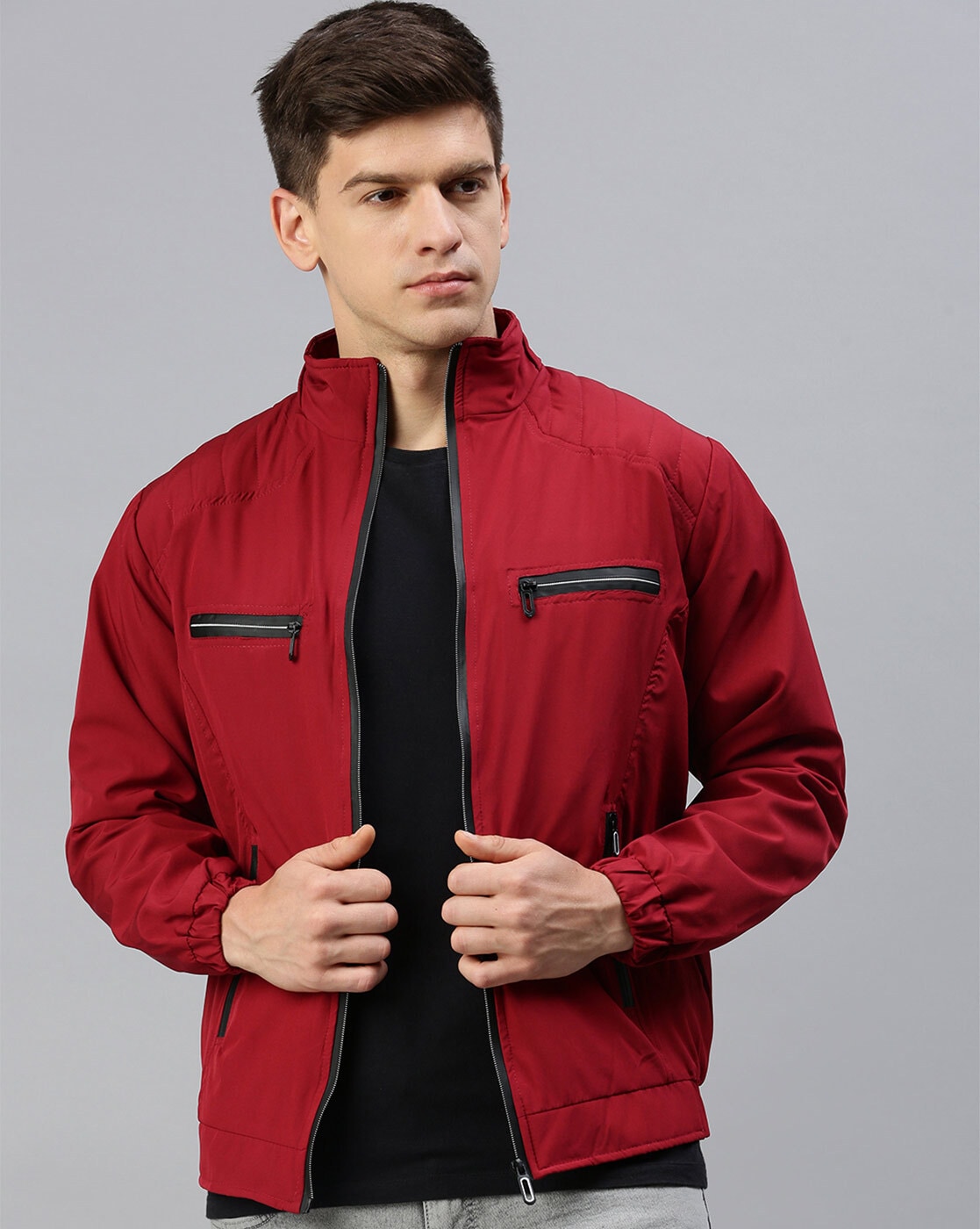 Men's Casual Burgundy Bomber Leather Jacket | TLC