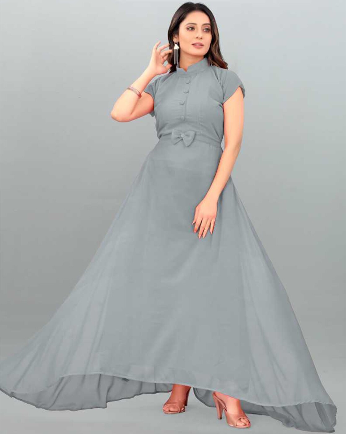 Georgette Diwali Grey Gown Dress in Embroidered - GW0376