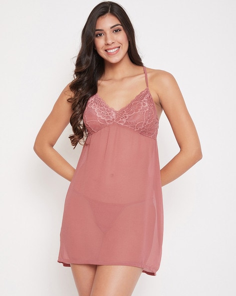 Buy Clovia Clovia Sheer Babydoll with G-String in Baby Pink - Lace