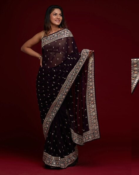 Black All Over Swarovski Stone Work Saree in Satin Silk - PSAED1895...