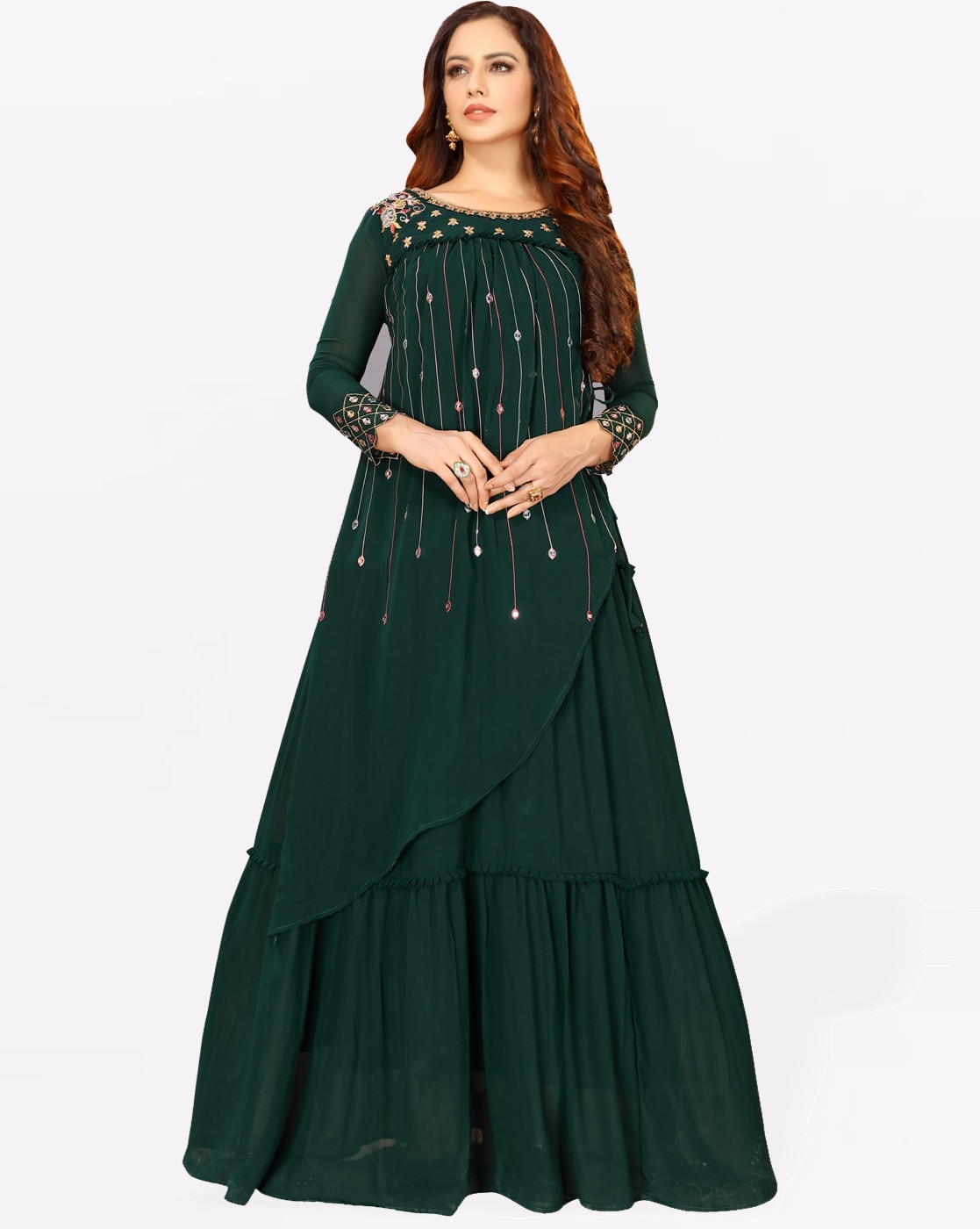 Dark Green Anarkali Gown With Vneckline Handwork panel at the waist