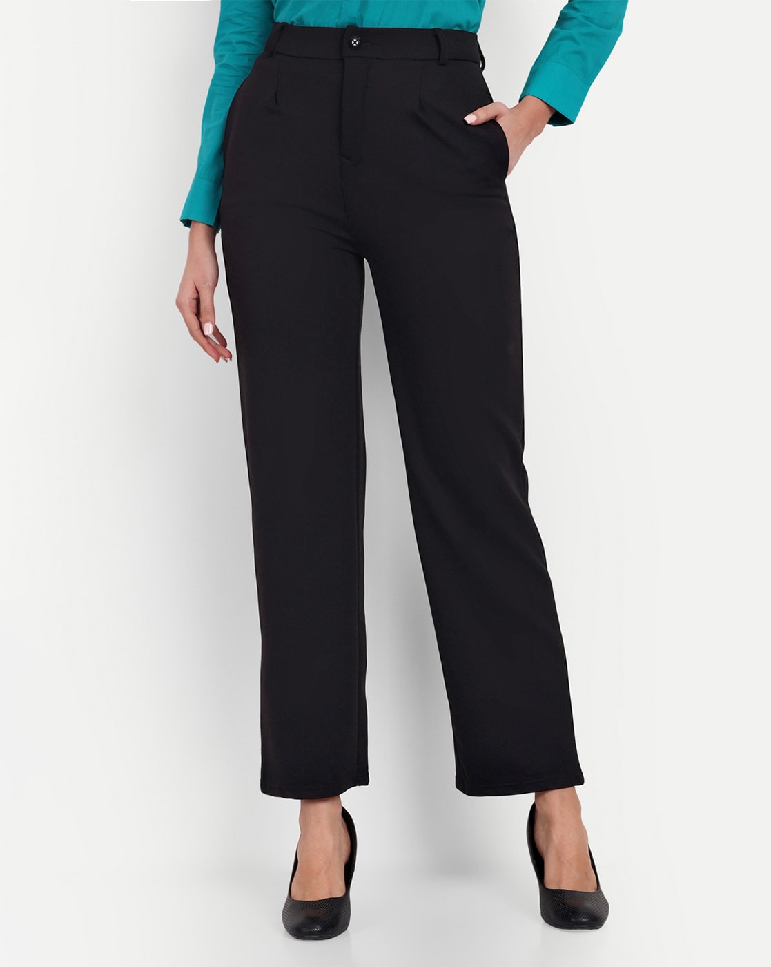 Buy Marks & Spencer Women Navy Blue Straight Fit Solid Formal Trousers -  Trousers for Women 2023964 | Myntra