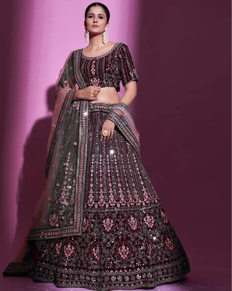 Velvet Designer Bridal Lehenga Choli Dark Maroon Color With Embroidery Work