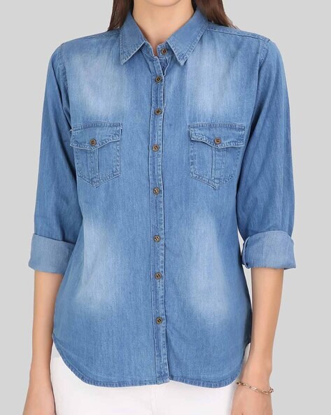 Buy Boys Mandarin Collar Washed Light Denim Shirt online at Best Price