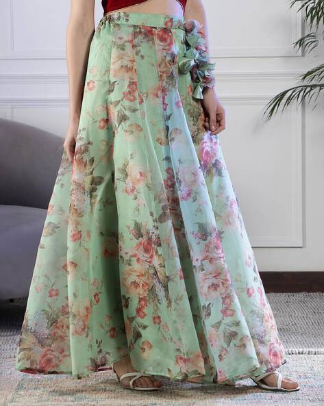 Rishi and Vibhuti Crop Top With Floral Print Skirt  Blue Floral Print  Crepe Round Sleeveless  Printed skirts Floral print skirt Fashion