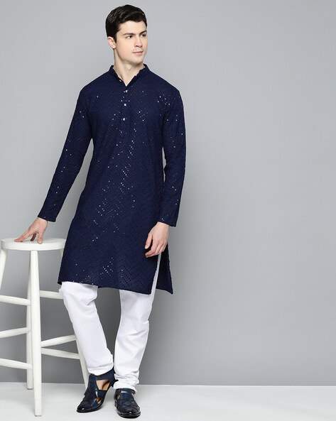 amzira Men Navy Blue Ethnic Motifs Embroidered Sequinned Kurta With Trousers  - Absolutely Desi