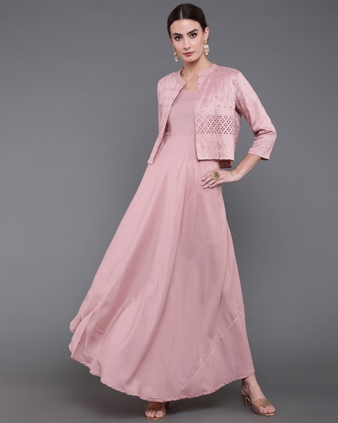Buy Vinya Black Rayon Fit & Flare Dress With Floral Organza Dupatta (Set of  2) online