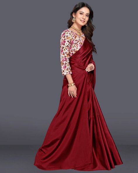 Dark maroon woven silk saree with blouse - Lilots - 4147227
