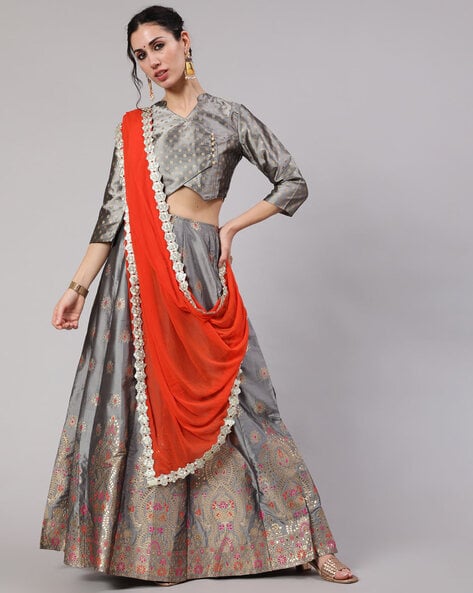 Navy Blue & Sage Gray Designer Embroidered Kurti Style Lehenga | Saira's  Boutique