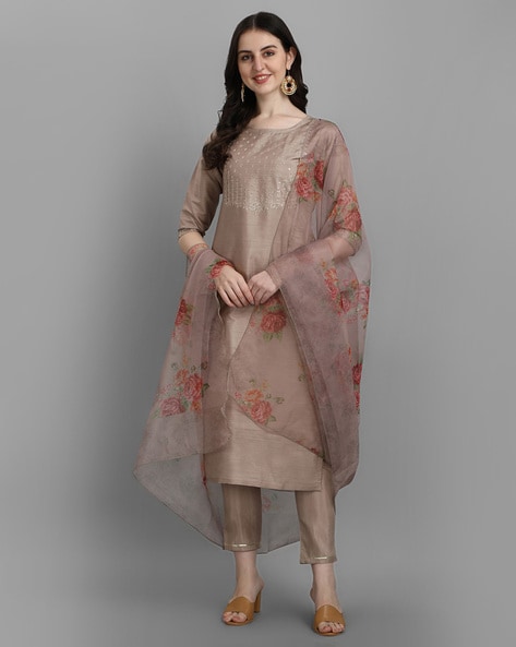 Straight Kurta Pant Set with Embroidery for ladies