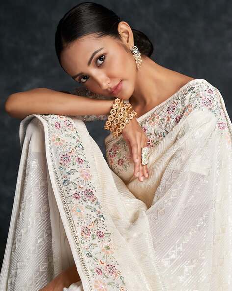 Spectacular Saree In Viscose Georgette Adorned With Exclusive Inticrate  Lucknowi Handcrafted Chikankari Embroiderey