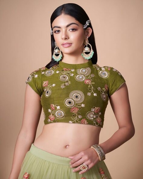 Buy Ethnovog Ready To Wear Green Georgette Embroidered Boat Neck Lehenga  Set (Set of 3) online