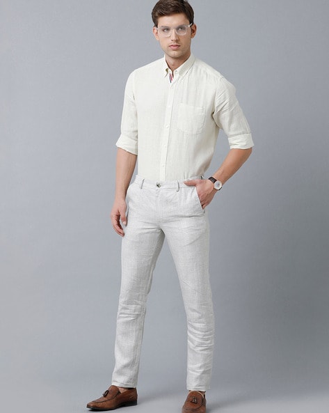 Metallic Blue Silk Shirt and White Trousers Set for Women  BInfinite