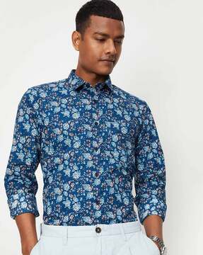 Navy Blue and Green Floral Printed Shirt