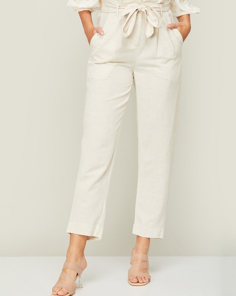 Cream Textured High Waisted Wide Leg Trousers  PrettyLittleThing