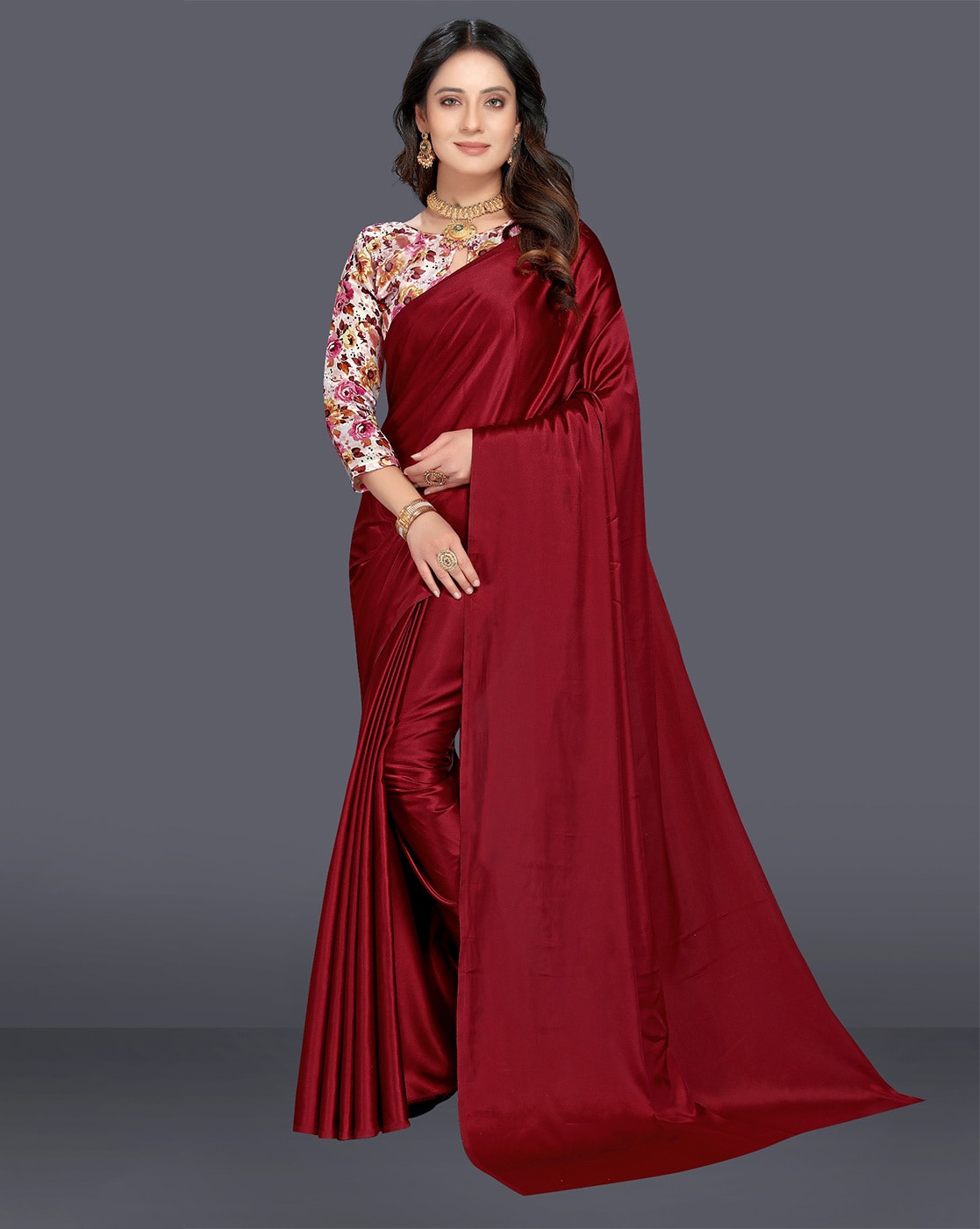 Buy online Contrast Embroidered Pallu Maroon Saree With Blouse from ethnic  wear for Women by Fashion Hut Saree for ₹9479 at 0% off | 2023 Limeroad.com