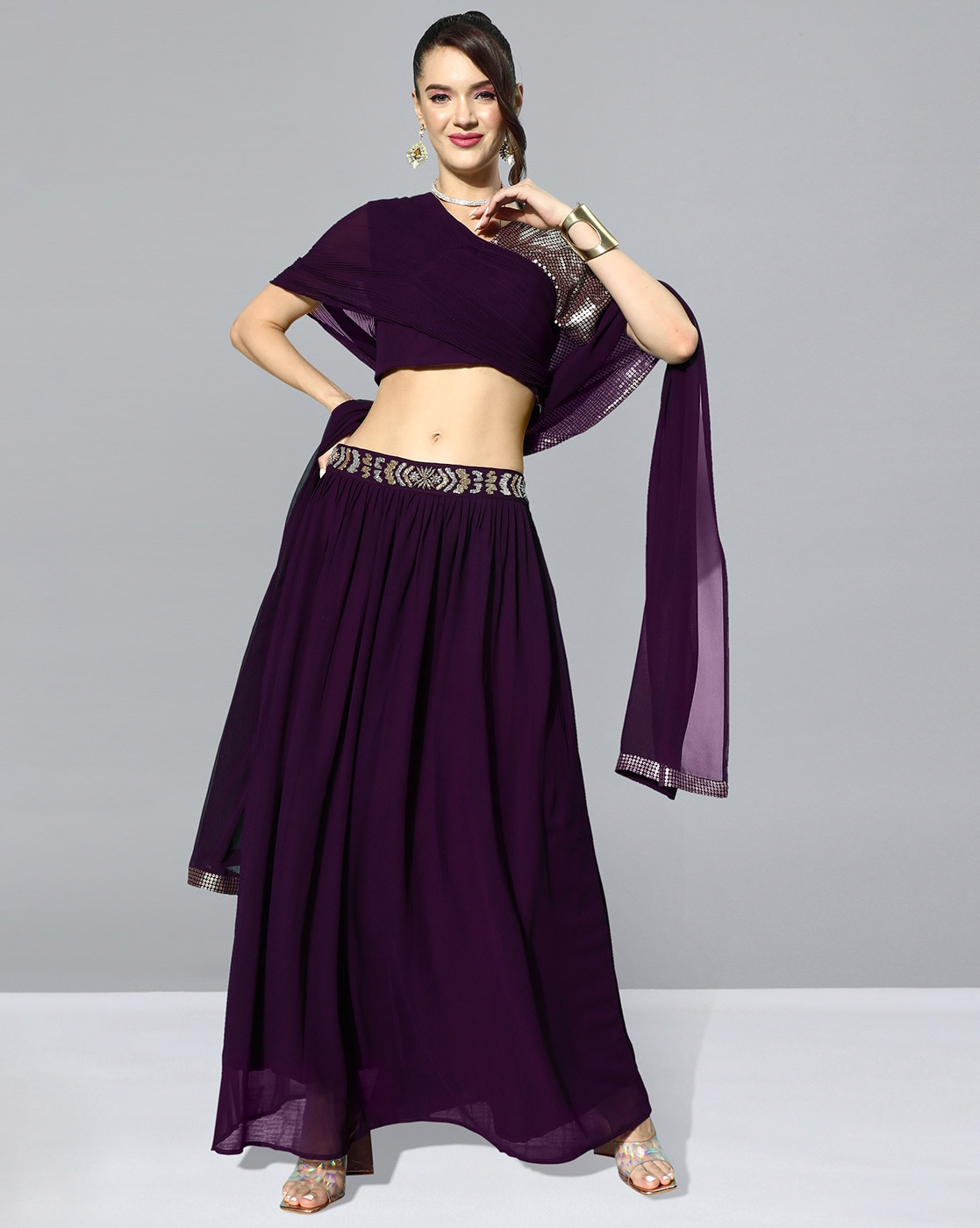 Buy Wine Purple Embroidered Lehenga Set In Satin