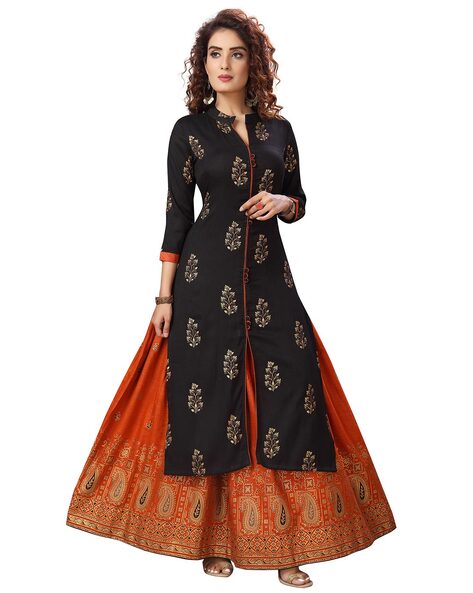 Buy madhuram textiles Womens Aline and Fully Stitched Plain Rayon Printed  Long Kurta with Ankle Length and Neck Collar Blue Small M2082 at  Amazonin