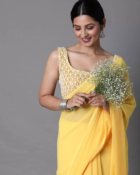 Embroidered Georgette Yellow Saree with Blouse Piece at Rs 999 in