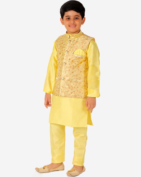 Mens Yellow Blended Silk Nehru Jacket with Kurta Set – Spring Break