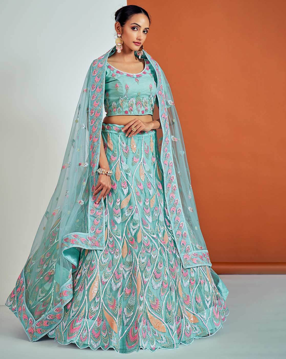 DELIVERY IN 25 DAYS) WHITE COLOUR ORGANZA LEHENGA WITH FULL SLEEVES H –  Kothari Sons