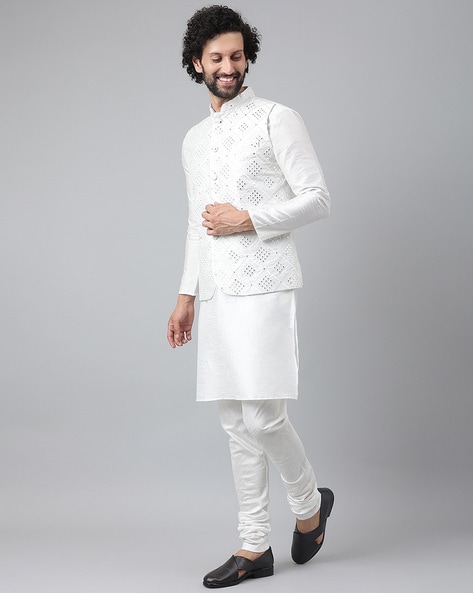 White Color Cotton Kurta Pajama With Nehru Jacket 993MW57