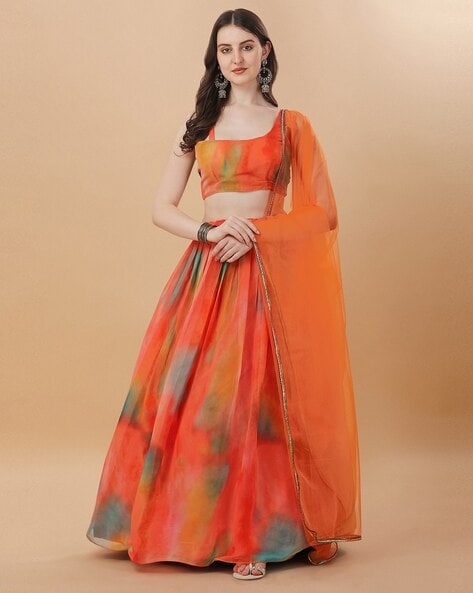 Orange Silk Tie-dye Printed Lehenga Choli 2842LG02