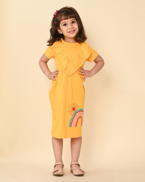 HEYKIDOO Floral Embroidered Up Down Style Party Wear Frock Kids Yellow