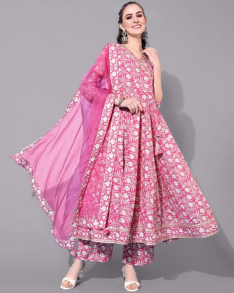 Embellished Floral Print Flared Kurta Set