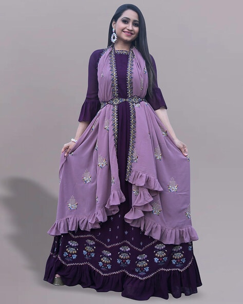 Buy Orange Tamil Silk Embellished Dress & Dupatta Set Online - W for Woman
